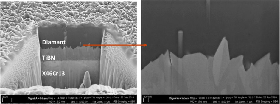 Image 2 CVD diamond on steel 2 - FIB cut through substrate, interlayer and coating open