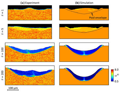 Comparison of aluminum loss between simulation and experiment for multiple melting of the same scan line