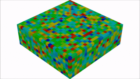 Melting and solidification (colored grain orientation) of four layers with a scan pattern rotation by 90° per layer